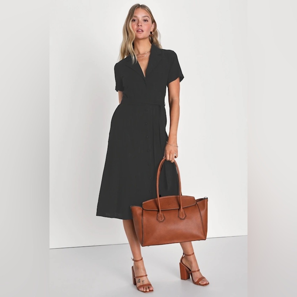 Lulus, Sweet Sincerity Black Linen Button-Up Midi Dress With Pockets, size S